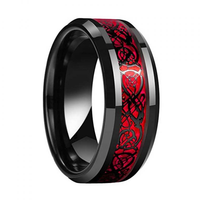 8mm Red Carbon Fiber Black Celtic Dragon Ring Quymart Jewelry