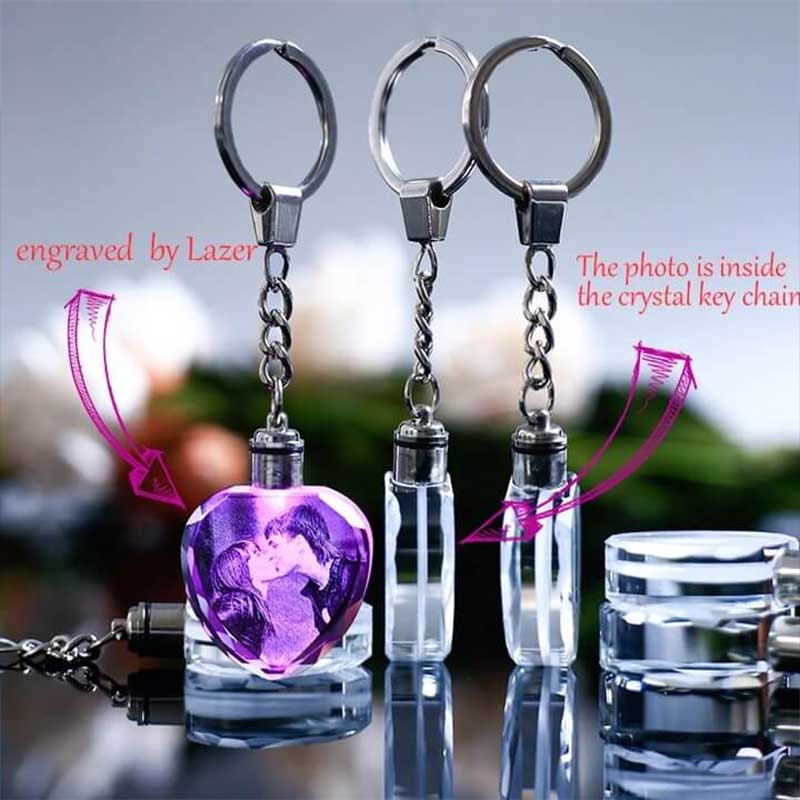 Customized Crystal Keychain with LED Lighting and Engraved Pictures