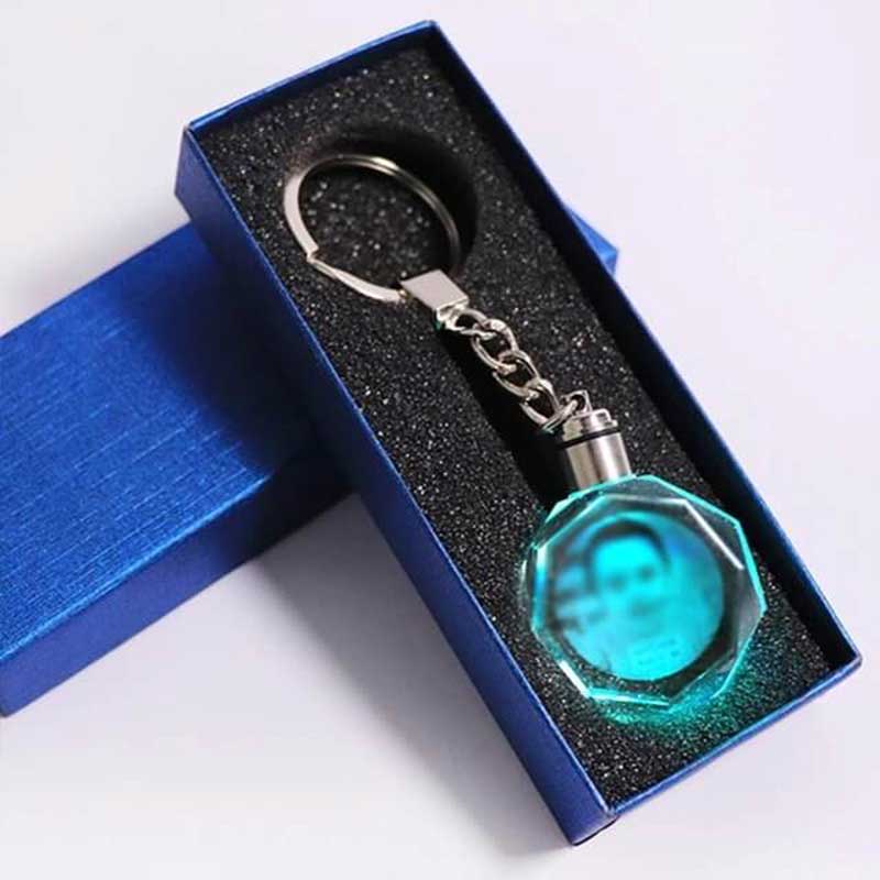 Customized Crystal Keychain with LED Lighting and Engraved Pictures