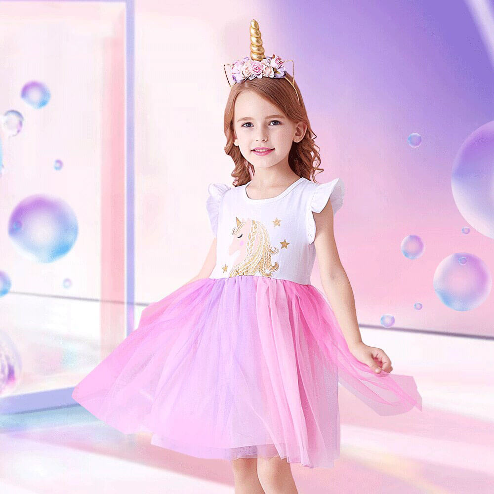 Lovely Pink White Unicorn Princess Dress For Girls - Quymart Apparel